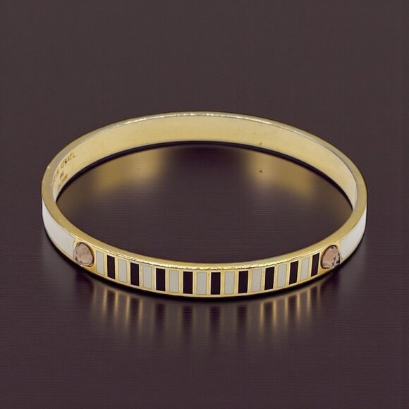 henri bendel Jewelry - Henri Bendel Gold Tone White Brown Enamel Stripe Bangle Bracelet Crystal Hinged